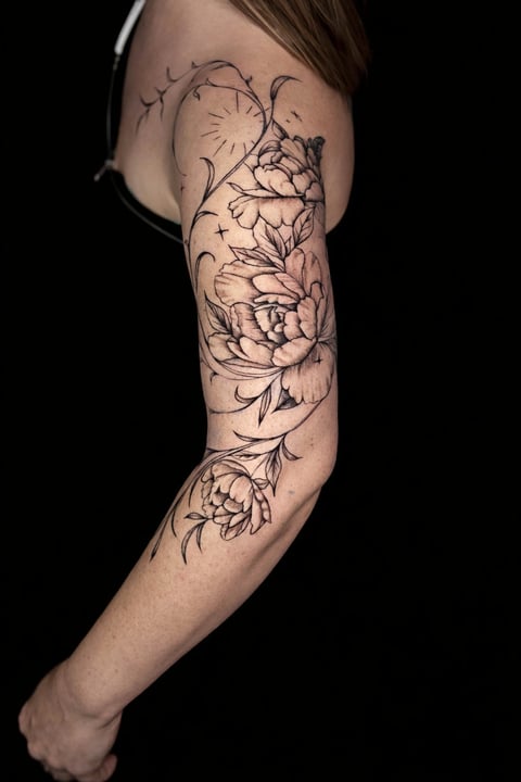 Black and gray floral sleeve tattoo featuring peonies and botanical designs running down the arm against a black background