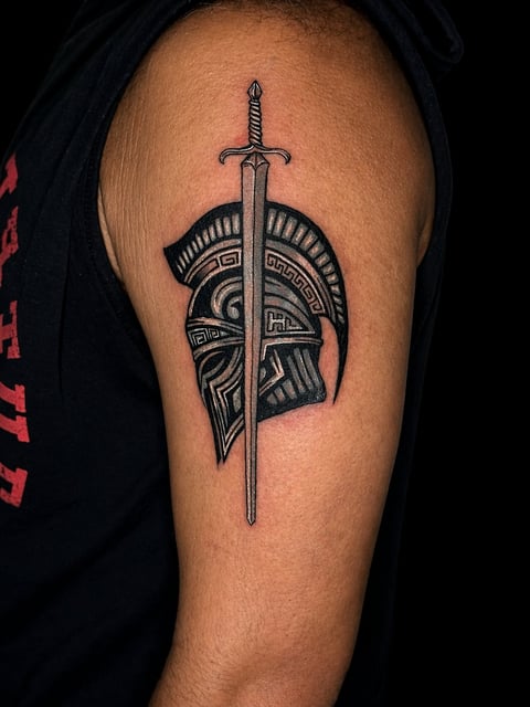 Black and gray tattoo of a sword through a Spartan helmet with geometric patterns on the upper arm
