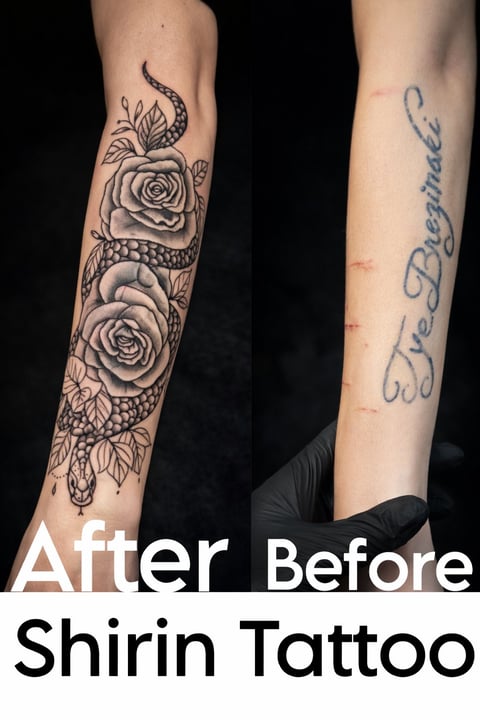 Before and after comparison of an arm tattoo cover-up: faded text tattoo replaced with intricate black ink roses and serpent design