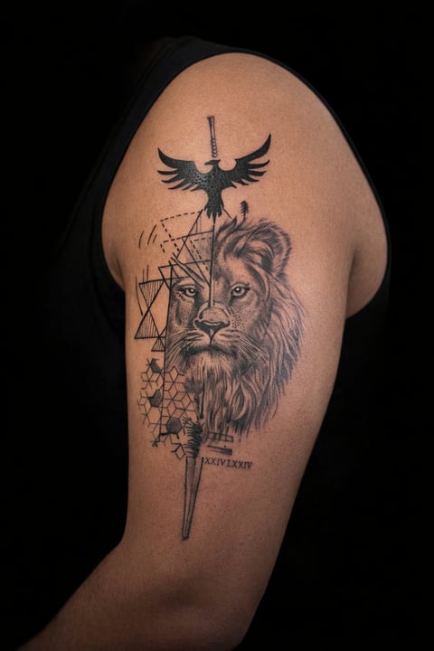 Black ink tattoo on upper arm featuring a lions head with geometric patterns, sword, bird, and Roman numerals on skin