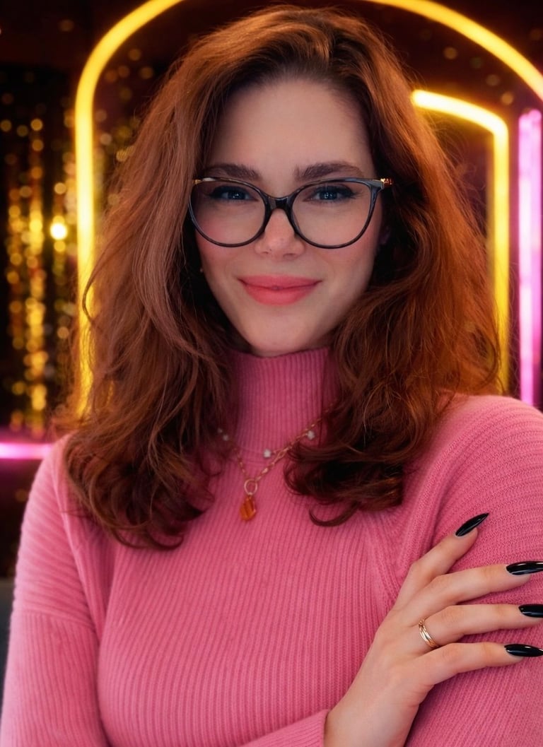 Woman with long reddish-brown hair and black-framed glasses wearing a pink ribbed sweater against a neon yellow and pink backdrop
