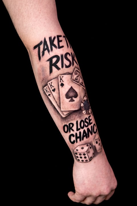 Leg tattoo with text Take It Risk and Or Lose Chano, featuring playing cards and dice designs